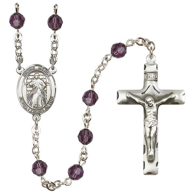 Jesus Divine Mercy Engravable Rosary with Sterling Silver Crucifix and Centerpiece, Birthstone 6mm Austrian Crystal Amethyst Beads for February, Bliss Manufacturing
