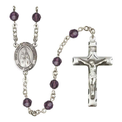 Our Lady of Rosa Mystica Rosary with Sterling Silver Traditional Crucifix and Centerpiece, Birthstone 6mm Austrian Crystal Amethyst Beads for February