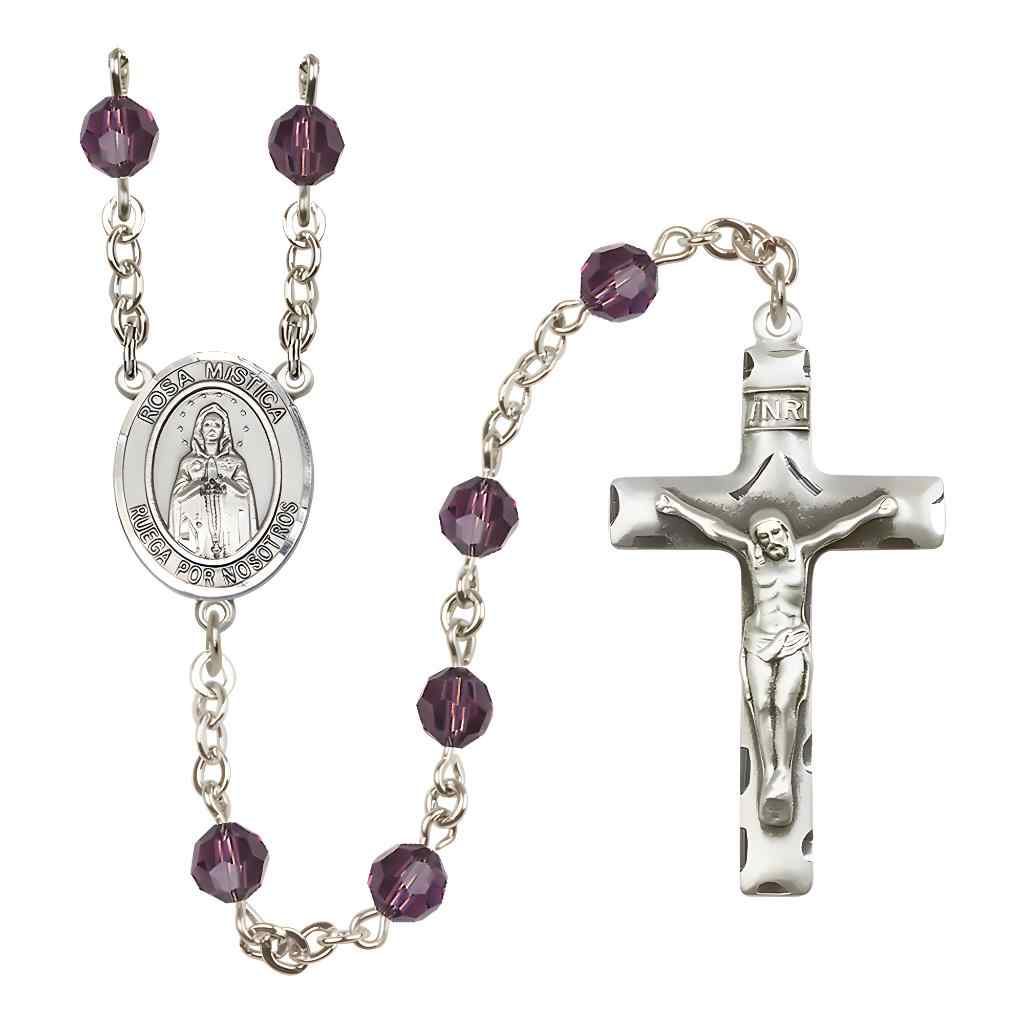 Spanish Rosa Mystica Rosary with Sterling Silver Traditional Crucifix and Centerpiece, Birthstone 6mm Austrian Crystal Amethyst Beads for February