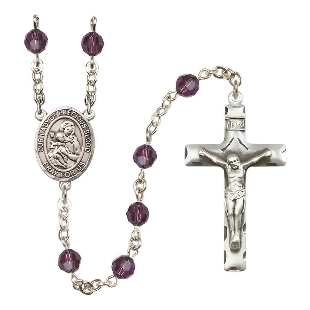 Our Lady of the Precious Blood Rosary with Sterling Silver Traditional Crucifix and Centerpiece, Birthstone 6mm Austrian Crystal Amethyst Beads for February