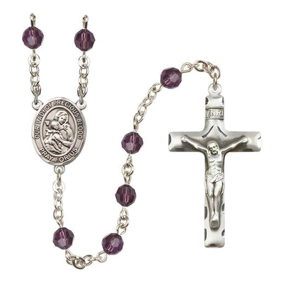Our Lady of the Precious Blood Rosary with Sterling Silver Traditional Crucifix and Centerpiece, Birthstone 6mm Austrian Crystal Amethyst Beads for February