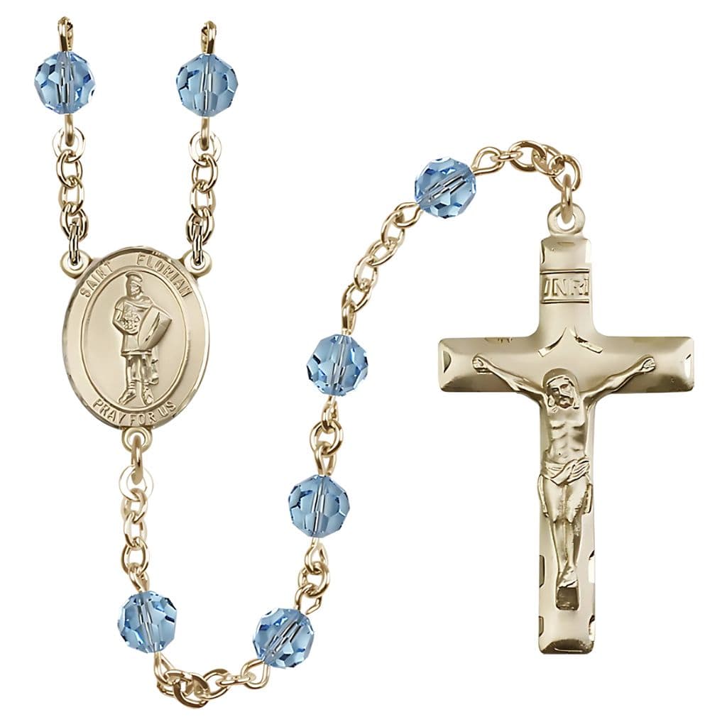 Bliss St. Florian Center Gold-filled 6mm Austrian Aqua Crystal Rosary