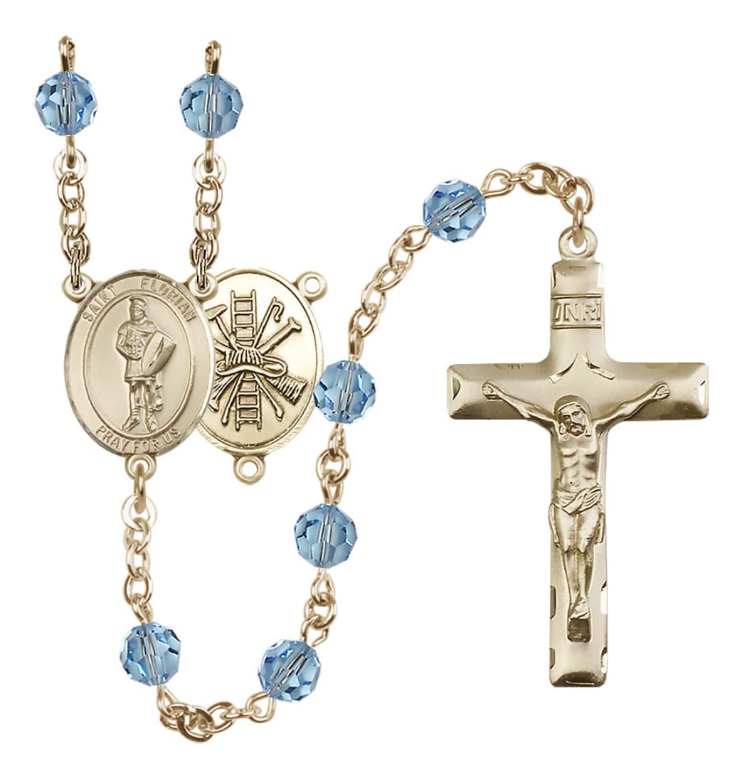 Bliss St Florian Firefighter Gold-filled 6mm Austrian Crystal Rosary in March Aqua Birthstone,