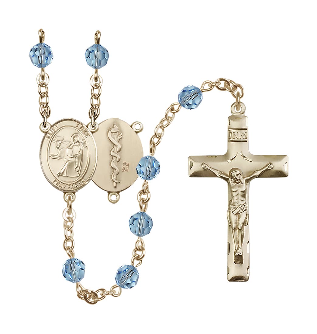 Bliss St Luke the Apostle Doctor 14kt Gold-filled 6mm Austrian Aqua Crystal Rosary,