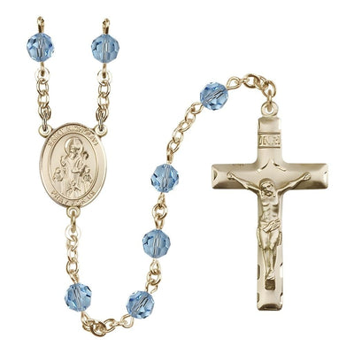 St. Nicholas Rosary, March Birthstone 6mm Aqua Austrian Crystal Beads with 14kt Gold-filled Centerpiece and Crucifix, Bliss Manufacturing