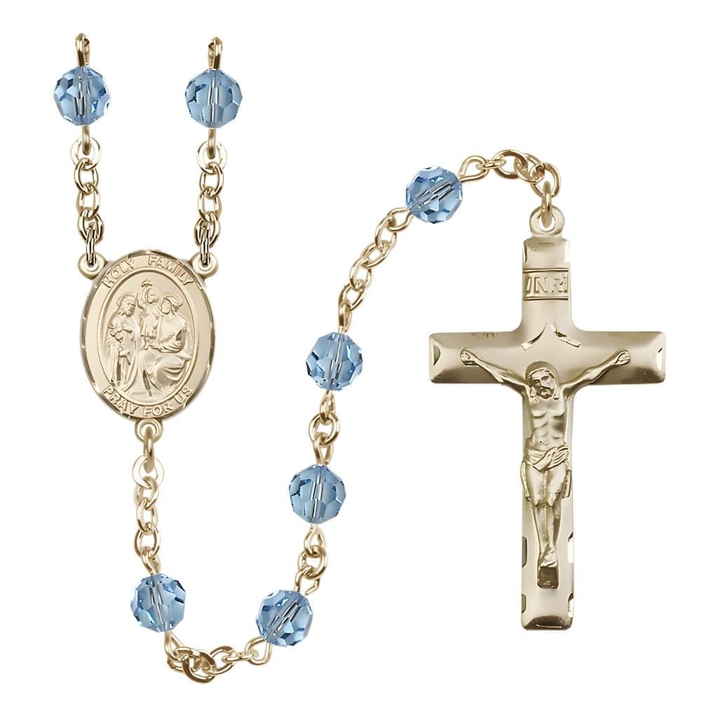 Bliss Holy Family Engravable Rosary with Gold-filled Crucifix and Centerpiece, Birthstone 6mm Austrian Crystal Aqua Beads for March