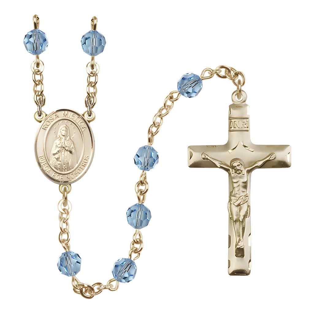 Spanish Rosa Mystica Rosary with Gold-filled Traditional Crucifix and Centerpiece, Birthstone 6mm Austrian Crystal Aqua Beads for March