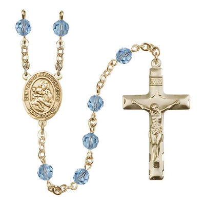 Our Lady of the Precious Blood Rosary with Gold-filled Traditional Crucifix and Centerpiece, Birthstone 6mm Austrian Crystal Aqua Beads for March