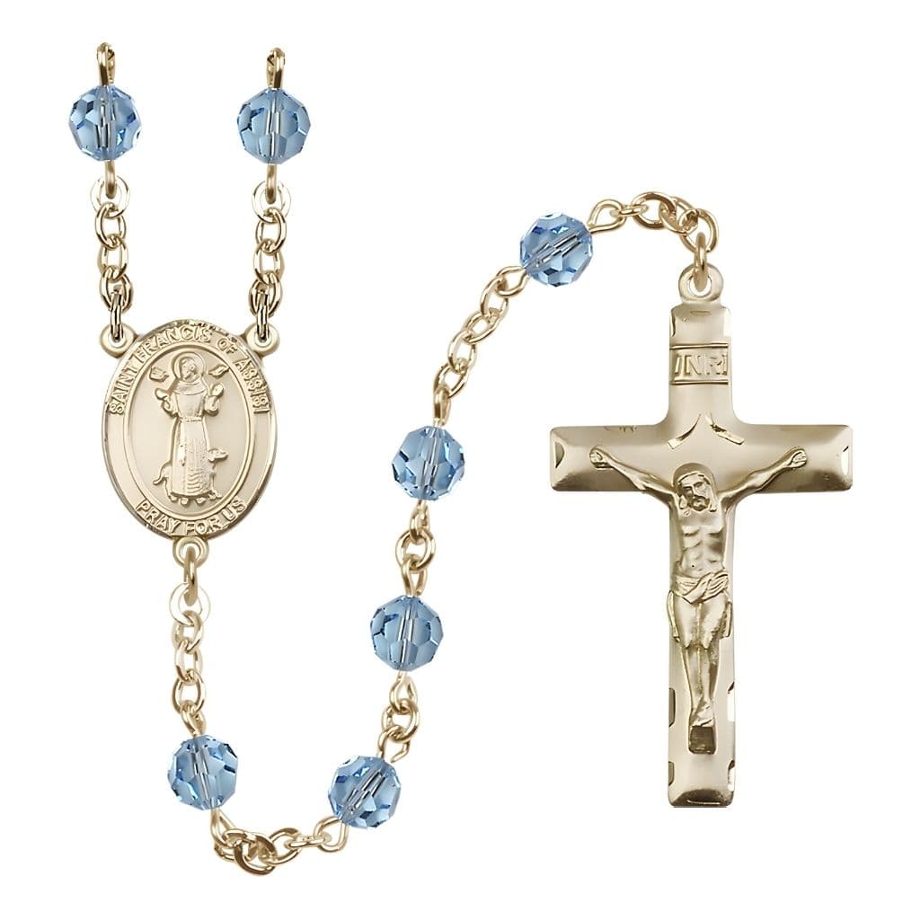 Bliss St. Francis of Assisi 14kt Gold Aqua 6mm Austrian Crystal Bead Rosary, USA Made