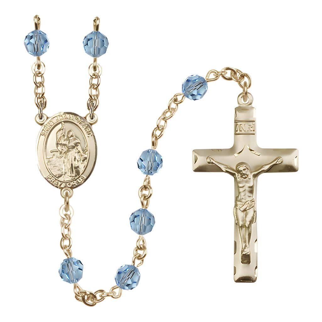 St. Joan of Arc 14kt Gold Crystal Rosary in Aqua, Bliss Manufacturing