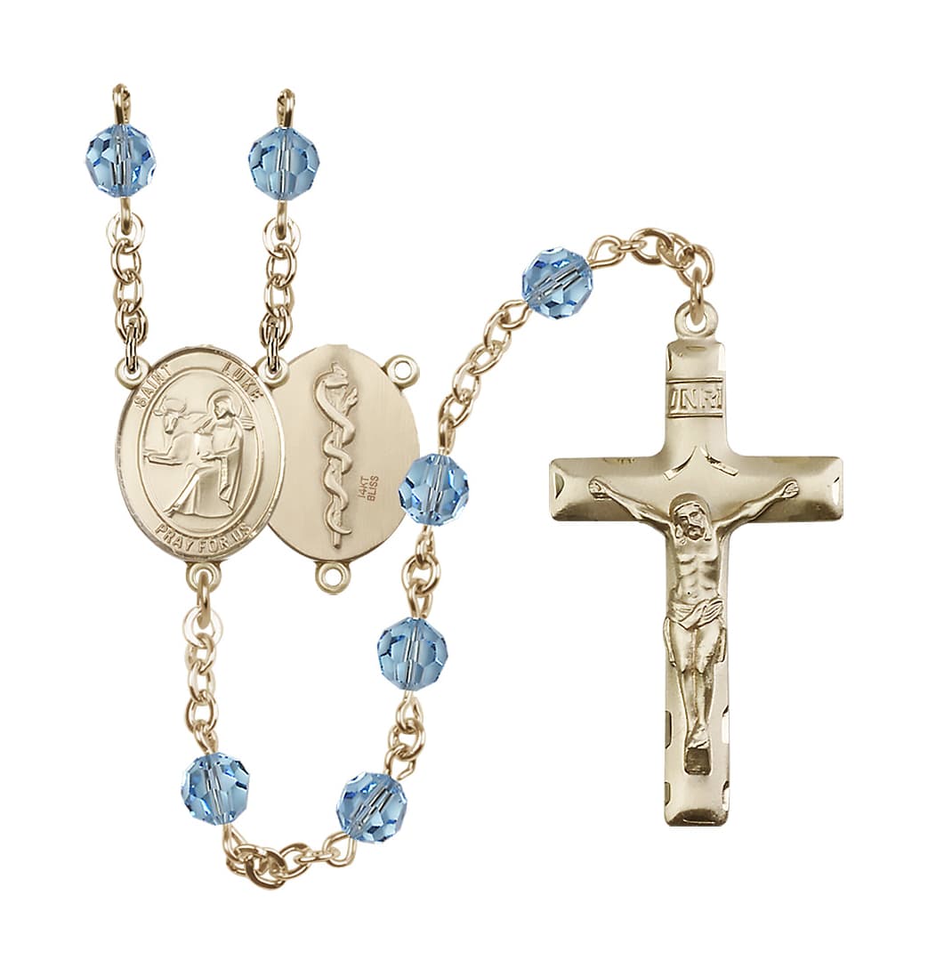 Bliss Doctor St Luke the Apostle 14kt Gold 6mm Austrian Crystal Rosary in Aqua March,