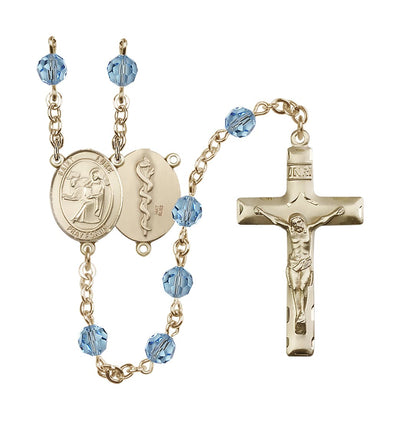 Doctor St Luke the Apostle 14kt Gold 6mm Austrian Crystal Rosary in Aqua March, Bliss Manufacturing