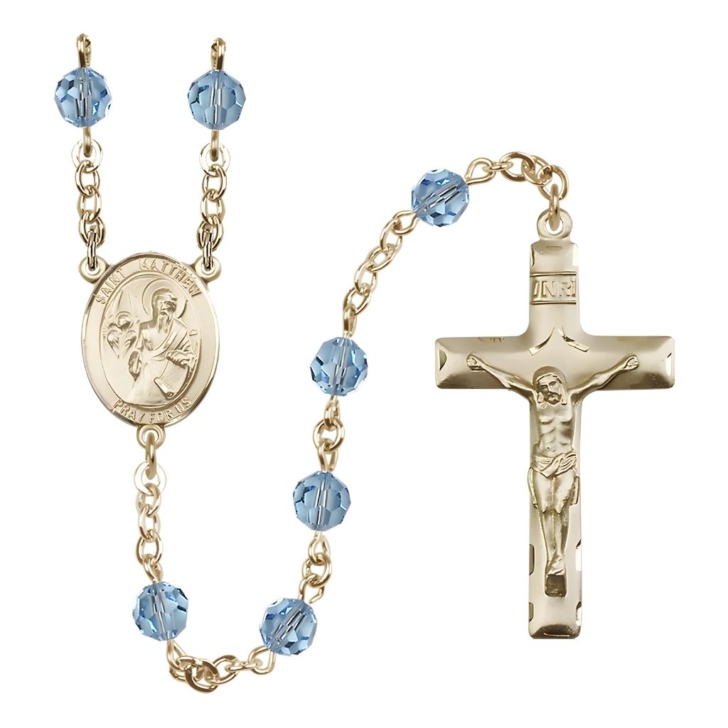 Bliss St. Matthew the Apostle 6mm Austrian Crystal Birthstone 14kt Gold Rosary in Aqua