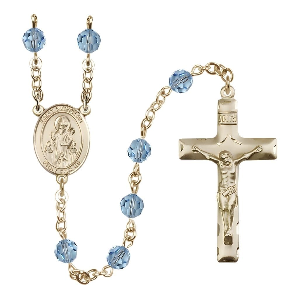 Bliss St. Nicholas Rosary, March Birthstone 6mm Aqua Austrian Crystal Beads with 14kt Gold Centerpiece and Crucifix