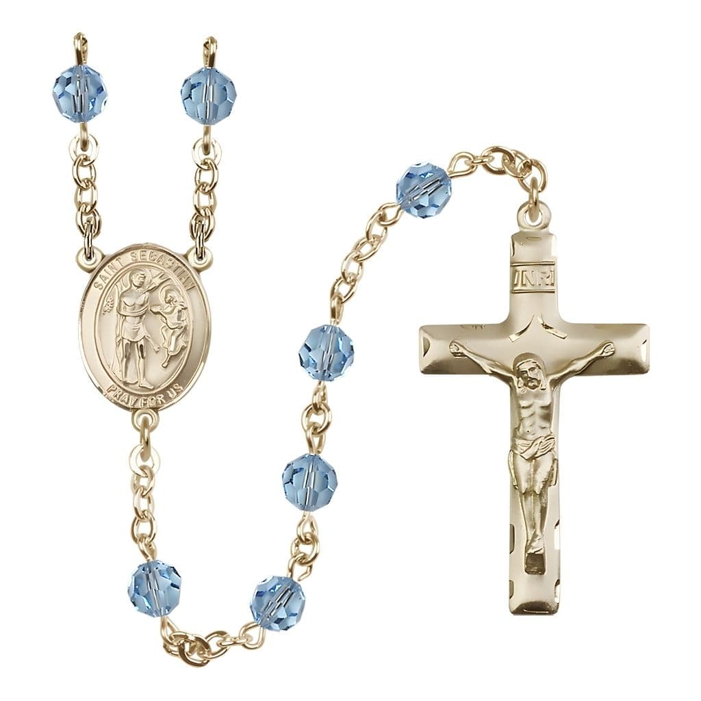 Bliss St. Sebastian Engravable Rosary with 14kt Gold Crucifix and Centerpiece, Birthstone 6mm Austrian Crystal Aqua Beads for March