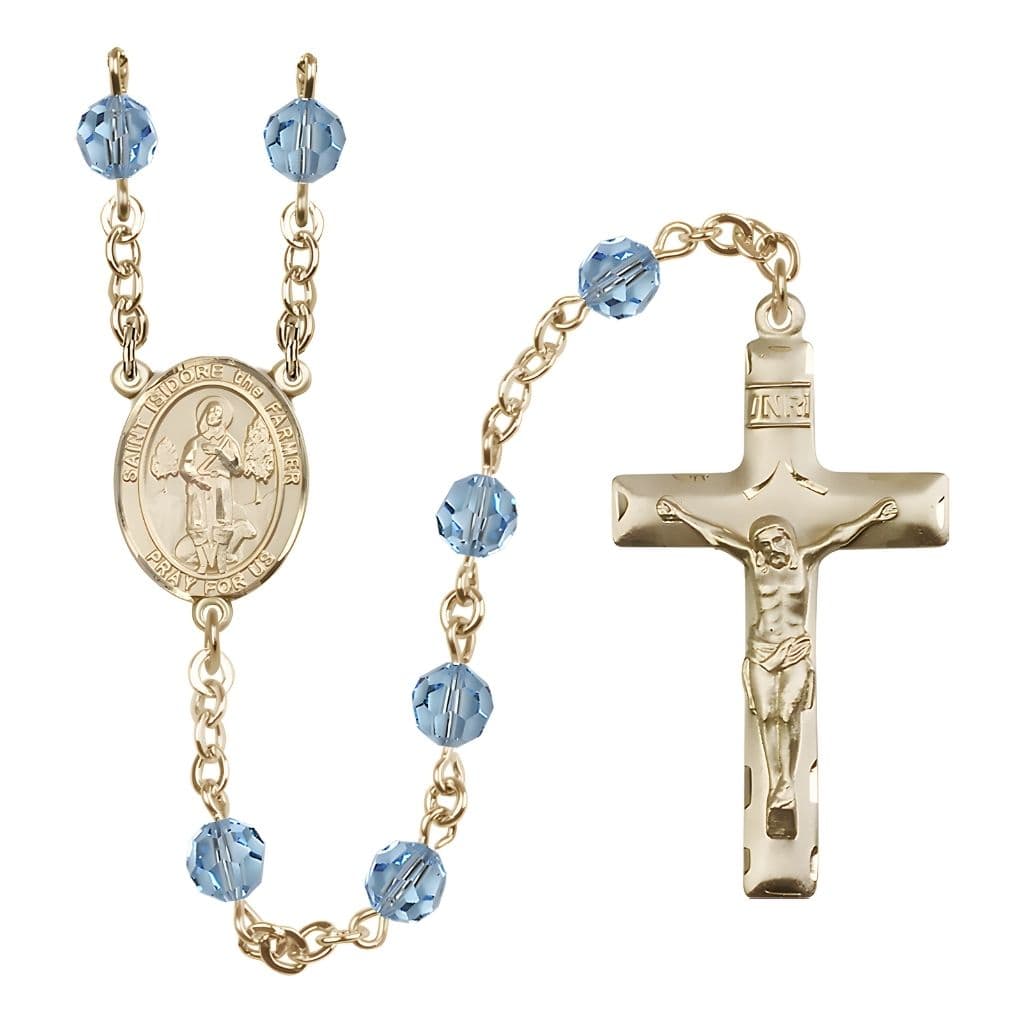 Bliss St. Isidore the Farmer Engravable Rosary with 14kt Gold Traditional Crucifix and Centerpiece, Birthstone 6mm Austrian Crystal Aqua Beads for March