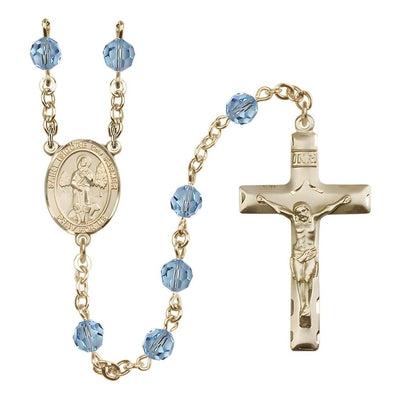 St. Isidore the Farmer Engravable Rosary with 14kt Gold Traditional Crucifix and Centerpiece, Birthstone 6mm Austrian Crystal Aqua Beads for March, Bliss Manufacturing