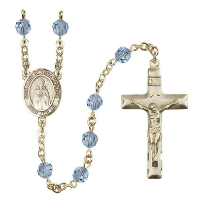 Our Lady of Rosa Mystica Rosary with 14kt Gold Traditional Crucifix and Centerpiece, Birthstone 6mm Austrian Crystal Aqua Beads for March