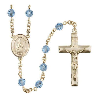 Spanish Rosa Mystica Rosary with 14kt Gold Traditional Crucifix and Centerpiece, Birthstone 6mm Austrian Crystal Aqua Beads for March
