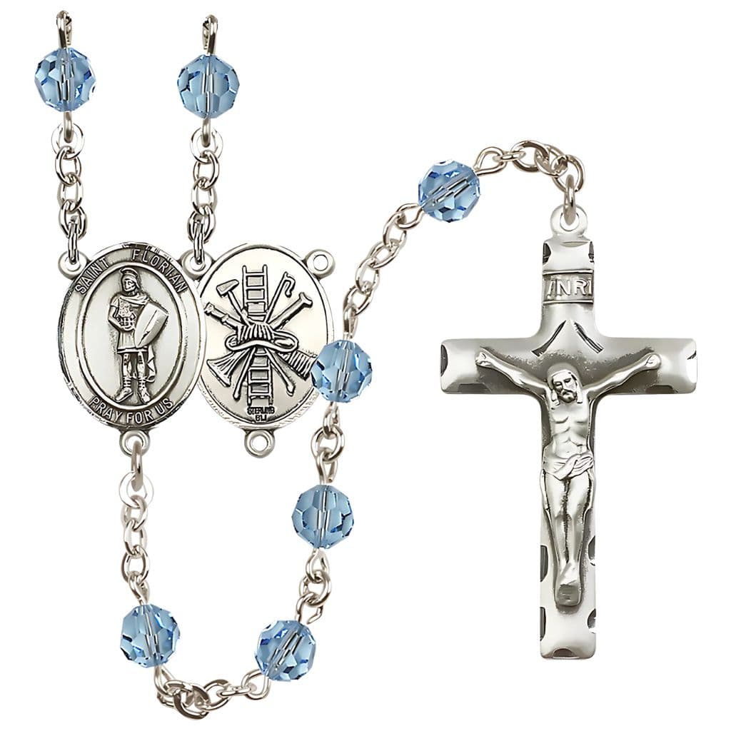 Bliss St Florian Firefighter Sterling Silver 6mm Austrian Garnet Crystal Birthstone Rosary with Ladder and Hat on Back,