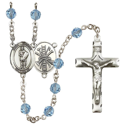 St Florian Firefighter Sterling Silver 6mm Austrian Garnet Crystal Birthstone Rosary with Ladder and Hat on Back in Aqua, Bliss Manufacturing