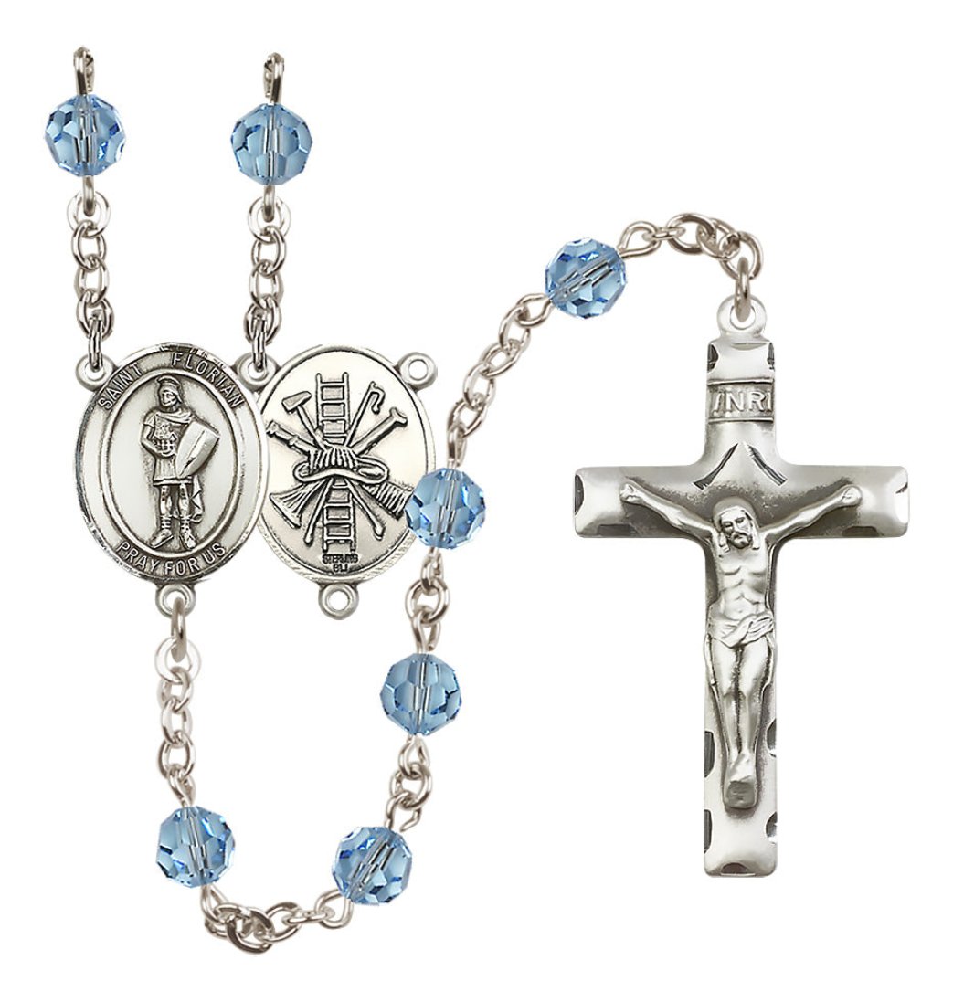 Bliss St Florian Firefighter Sterling Silver 6mm Austrian Garnet Crystal Birthstone Rosary with Ladder and Hat on Back,