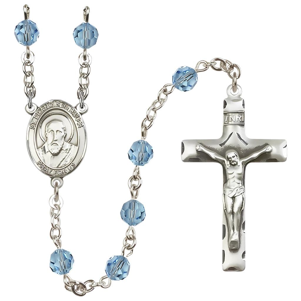 St. Francis de Sales Rosary with 6mm Aqua Austrian Crystal Beads and Sterling Silver,