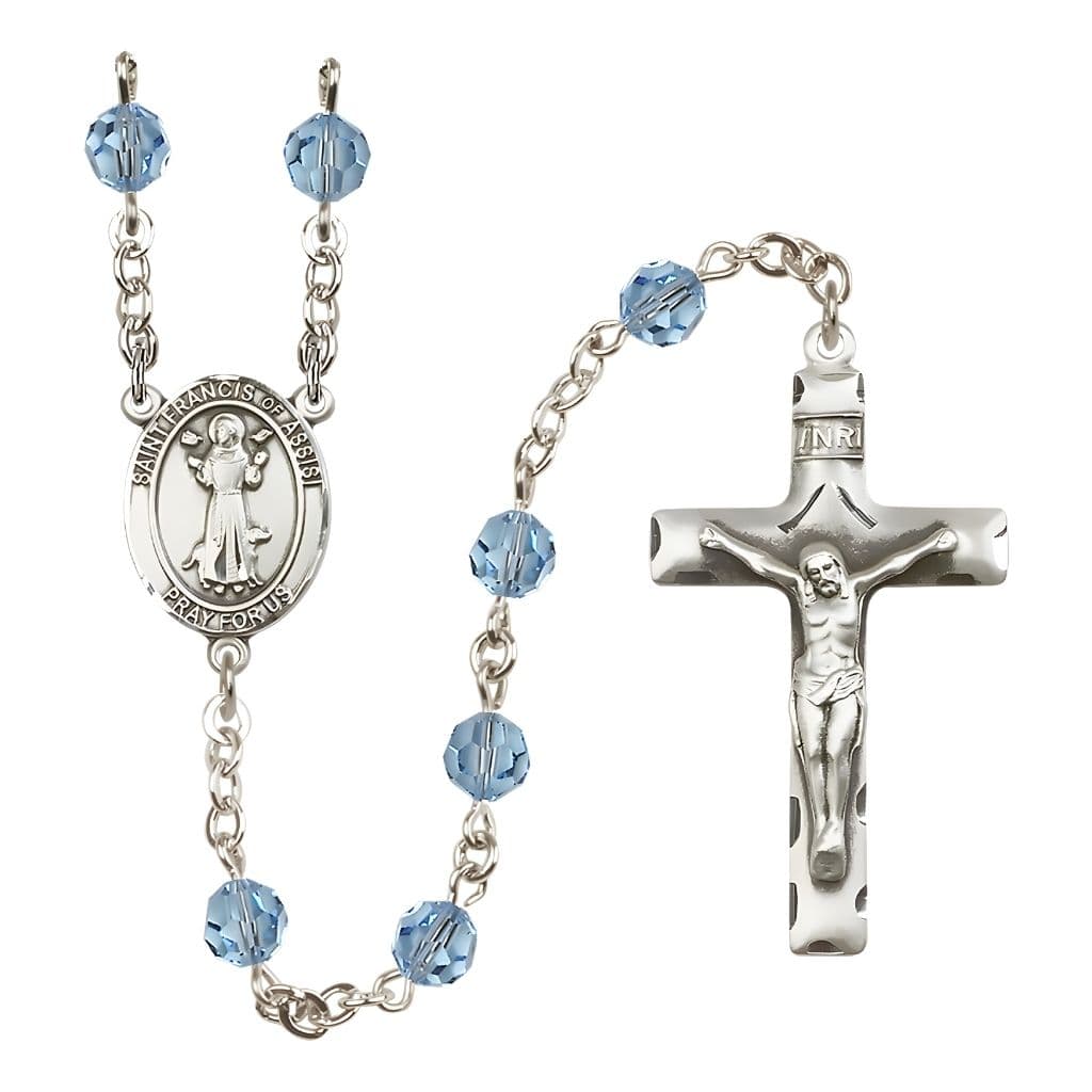 Bliss St. Francis of Assisi Sterling Silver 6mm Aqua Austrian Crystal Bead Rosary, USA Made