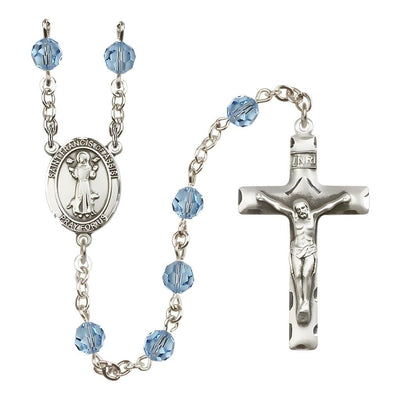 St. Francis of Assisi Sterling Silver 6mm Aqua Austrian Crystal Bead Rosary, USA Made, Bliss Manufacturing