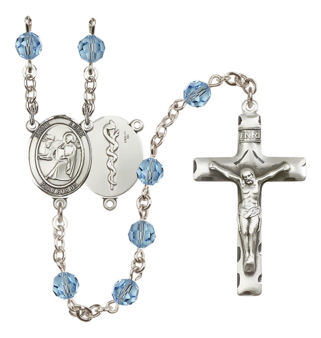 Bliss Sterling Silver 6mm Austrian Crystal Saint Luke the Apostle / Doctor Rosary in Aqua,