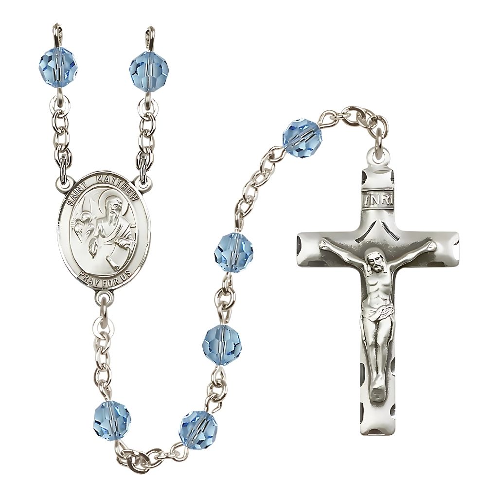 Bliss St. Matthew the Apostle Birthstone Sterling Silver Rosary in 6mm Austrian Crystal Aqua
