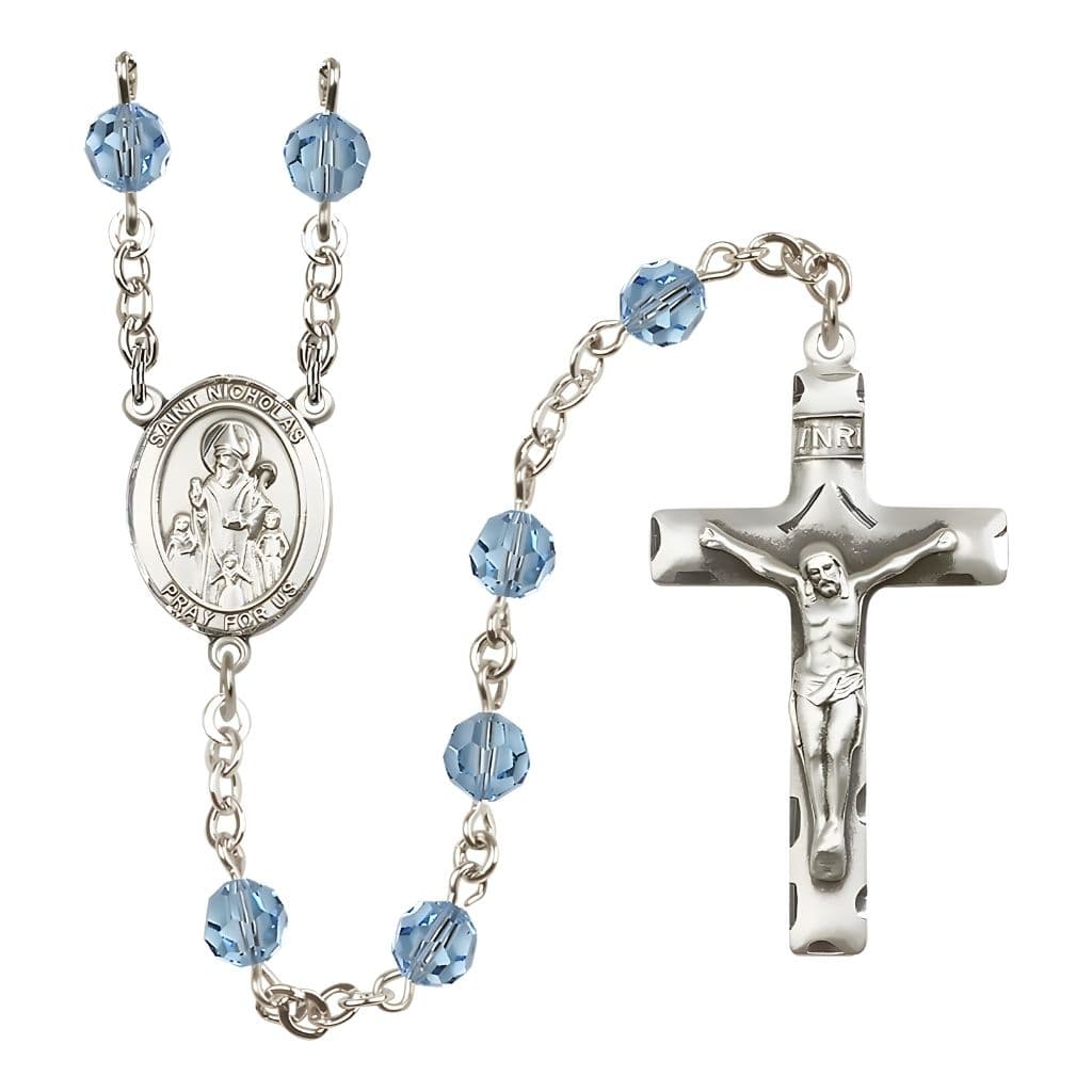 Bliss St. Nicholas Rosary, March Birthstone 6mm Aqua Austrian Crystal Beads with Sterling Silver Centerpiece and Crucifix