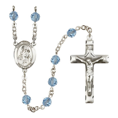 St. Nicholas Rosary, March Birthstone 6mm Aqua Austrian Crystal Beads with Sterling Silver Centerpiece and Crucifix, Bliss Manufacturing