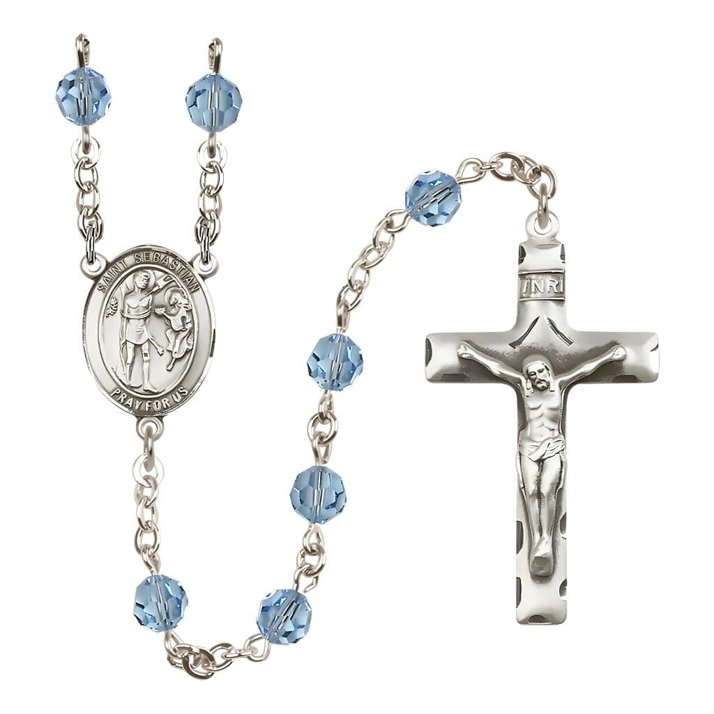 Bliss St. Sebastian Engravable Rosary with Sterling Silver Crucifix and Centerpiece, Birthstone 6mm Austrian Crystal Aqua Beads for March