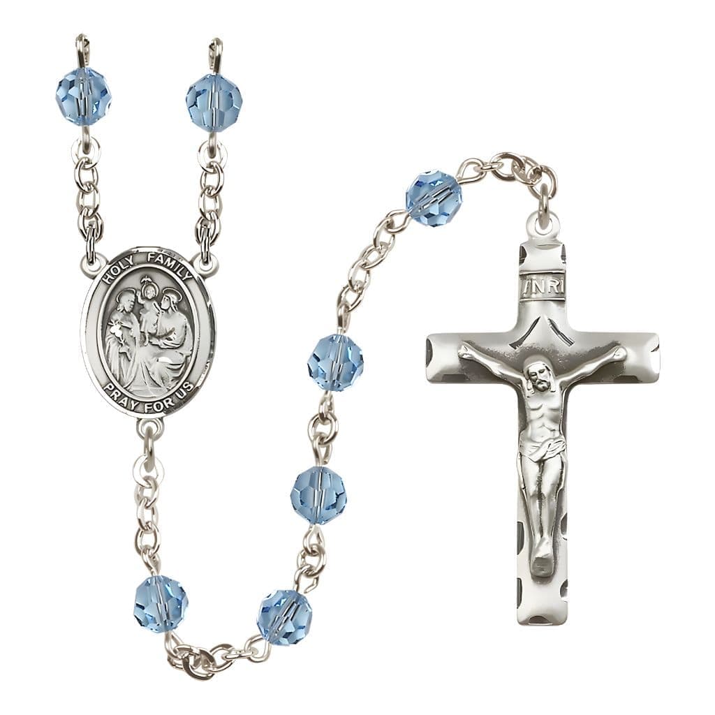 Bliss Holy Family Engravable Rosary with Sterling Silver Crucifix and Centerpiece, Birthstone 6mm Austrian Crystal Aqua Beads for March