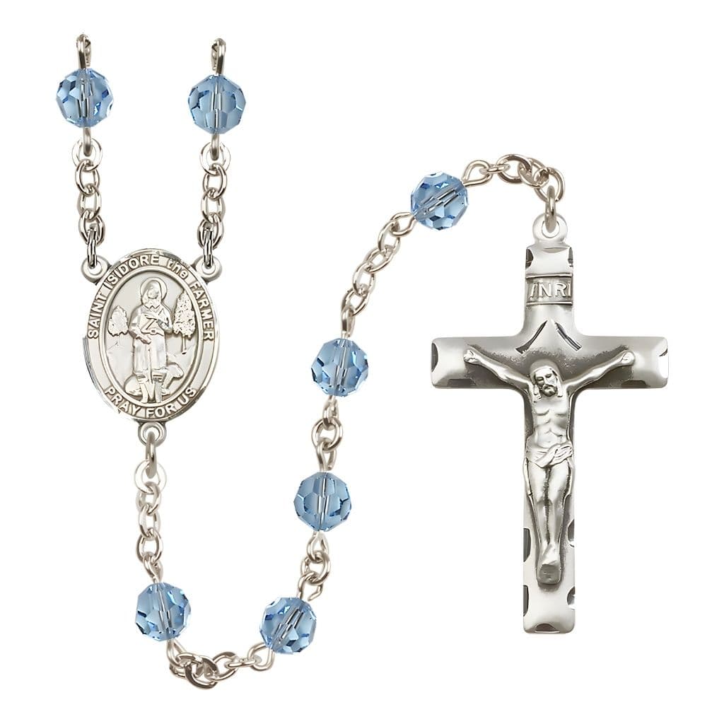 Bliss St. Isidore the Farmer Engravable Rosary with Sterling Silver Traditional Crucifix and Centerpiece, Birthstone 6mm Austrian Crystal Aqua Beads for March