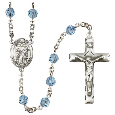 Jesus Divine Mercy Engravable Rosary with Sterling Silver Crucifix and Centerpiece, Birthstone 6mm Austrian Crystal Aqua Beads for March, Bliss Manufacturing