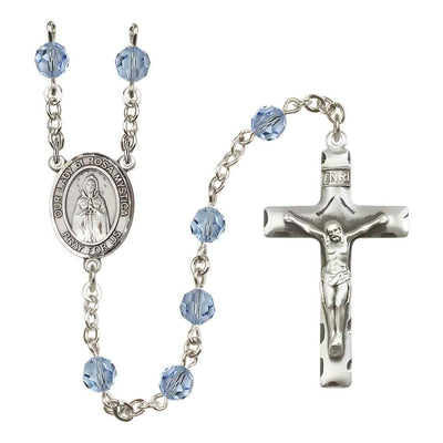 Our Lady of Rosa Mystica Rosary with Sterling Silver Traditional Crucifix and Centerpiece, Birthstone 6mm Austrian Crystal Aqua Beads for March