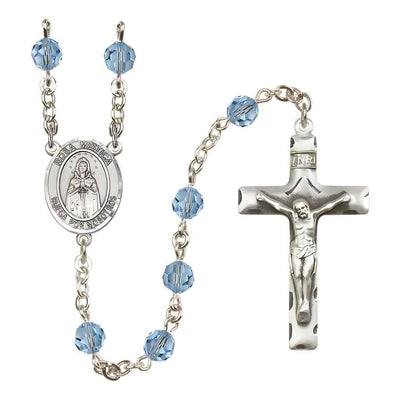 Spanish Rosa Mystica Rosary with Sterling Silver Traditional Crucifix and Centerpiece, Birthstone 6mm Austrian Crystal Aqua Beads for March