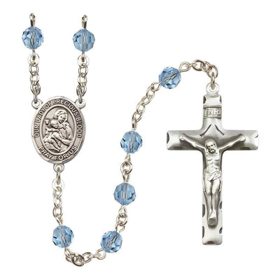 Our Lady of the Precious Blood Rosary with Sterling Silver Traditional Crucifix and Centerpiece, Birthstone 6mm Austrian Crystal Aqua Beads for March