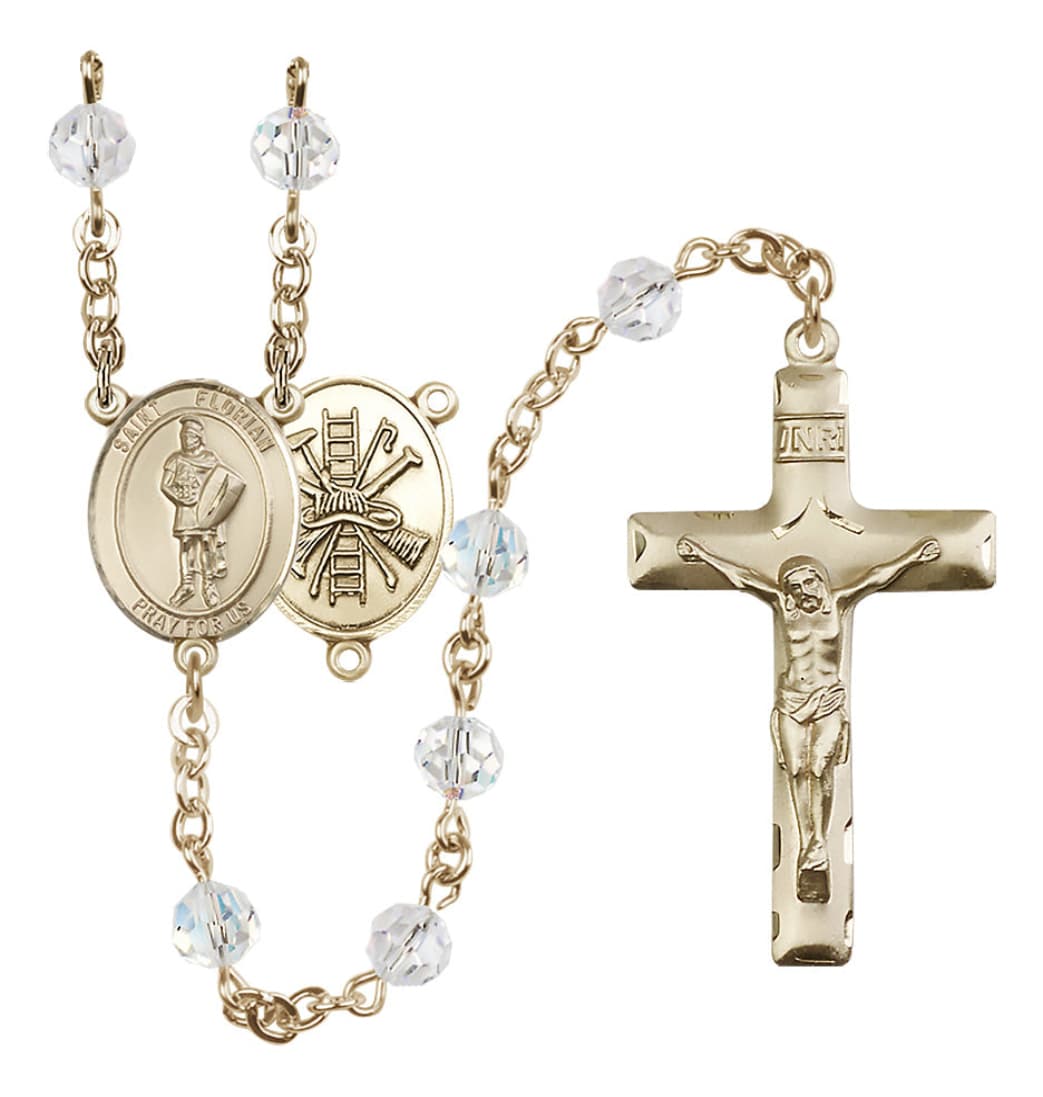 Bliss St Florian Firefighter Gold-filled 6mm Austrian Rosary in Crystal April Birthstone,