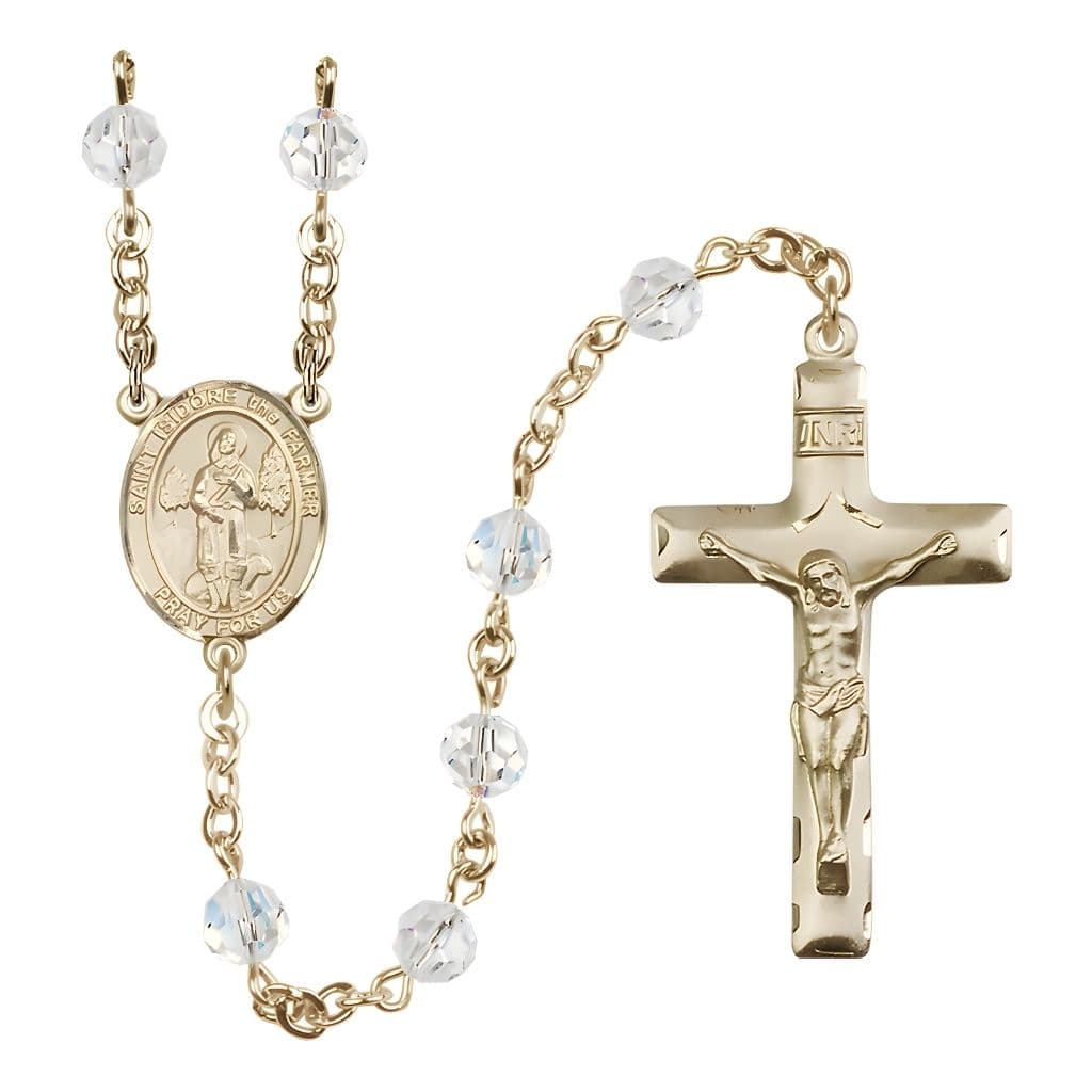 Bliss St. Isidore the Farmer Engravable Rosary with Gold-filled Traditional Crucifix and Centerpiece, Birthstone 6mm Austrian Crystal Clear Crystal Beads for April