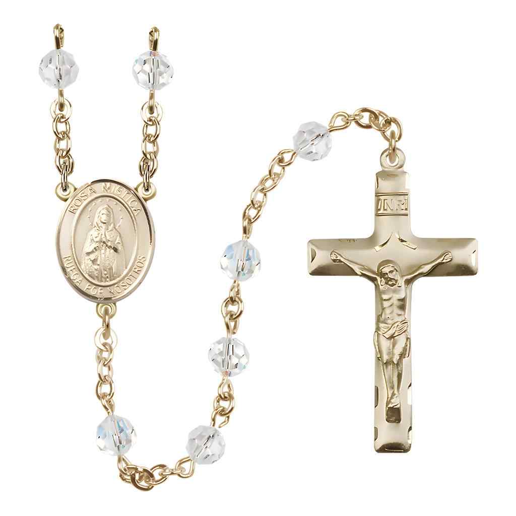 Spanish Rosa Mystica Rosary with Gold-filled Traditional Crucifix and Centerpiece, Birthstone 6mm Austrian Crystal Clear Crystal Beads for April