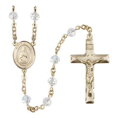 Spanish Rosa Mystica Rosary with Gold-filled Traditional Crucifix and Centerpiece, Birthstone 6mm Austrian Crystal Clear Crystal Beads for April