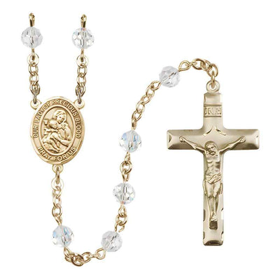 Our Lady of the Precious Blood Rosary with Gold-filled Traditional Crucifix and Centerpiece, Birthstone 6mm Austrian Crystal Clear Crystal Beads for April