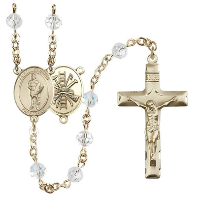 St. Florian centerpiece with firefighter gear on back Birthstone 14kt Gold Rosary with Clear 6mm Austrian crystal beads with a traditional crucifix, Bliss Manufacturing