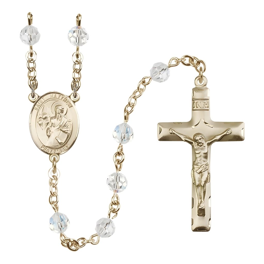 Bliss St. Matthew the Apostle 6mm Austrian Crystal Birthstone 14kt Gold Rosary in Clear