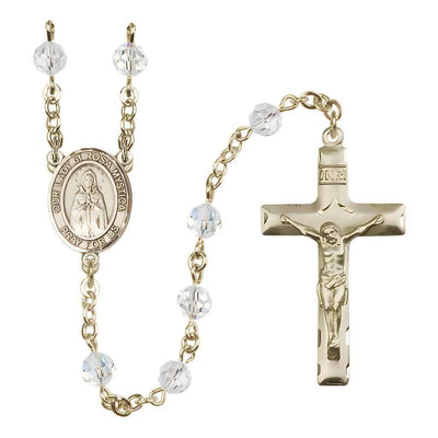 Our Lady of Rosa Mystica Rosary with 14kt Gold Traditional Crucifix and Centerpiece, Birthstone 6mm Austrian Crystal Clear Crystal Beads for April