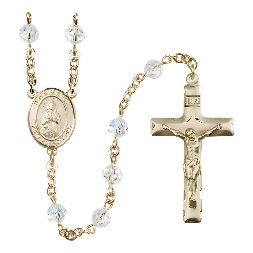 Spanish Rosa Mystica Rosary with 14kt Gold Traditional Crucifix and Centerpiece, Birthstone 6mm Austrian Crystal Clear Crystal Beads for April