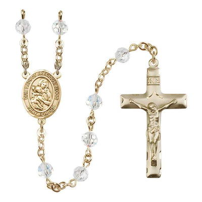 Our Lady of the Precious Blood Engravable Rosary with 14kt Gold Traditional Crucifix and Centerpiece, Birthstone 6mm Austrian Crystal Clear Crystal Beads for April